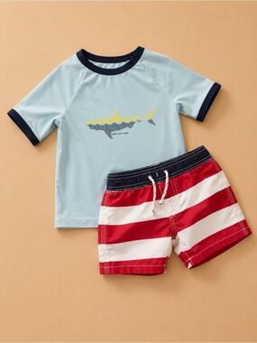BabyGap Boys Shark Rash Guard & Striped Swim Trunks Set 18-24M